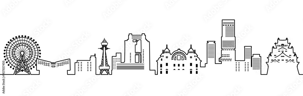 Obraz premium 高層ビルと城のある日本の街並みのイラスト、大阪（モノクロ線画）