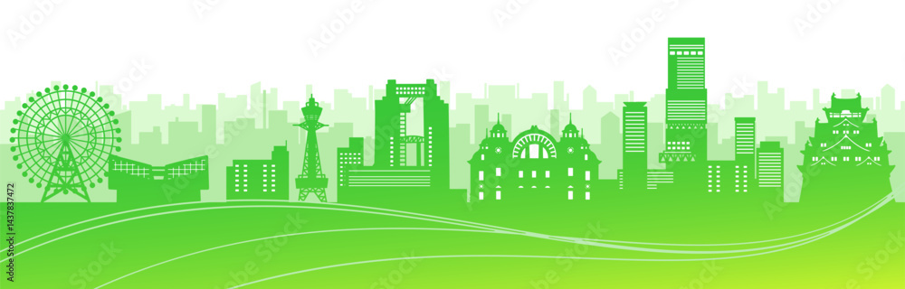 Fototapeta premium 高層ビルと城のある日本の街並みのシルエット、大阪