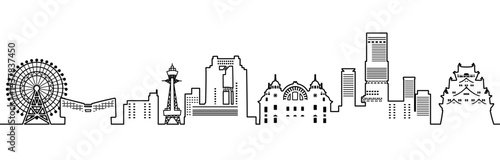 高層ビルと城のある日本の街並みのイラスト、大阪（モノクロ線画）