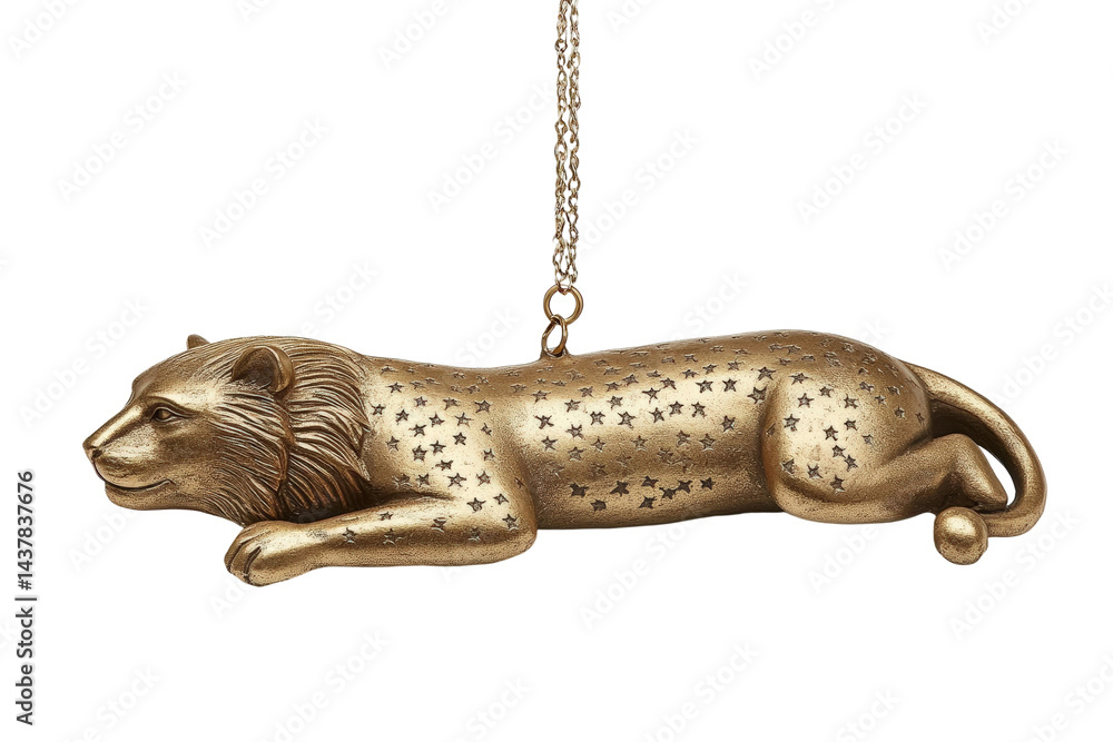 Obraz premium Golden lion sculpture with intricate star design, lying gracefully on a chain, perfect for decorative purposes in contemporary art or home decor settings