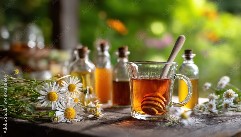 Herbal Tea with Honey and Chamomile in a Garden Setting Herbal Tea with Honey and Chamomile in a Garden Setting