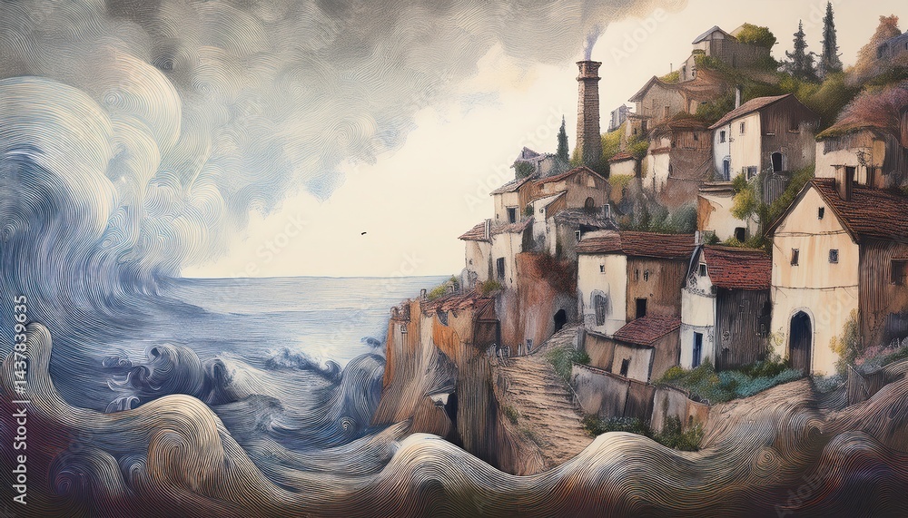 Obraz premium Serene Mediterranean Village with Ocean View and Dramatic Skies