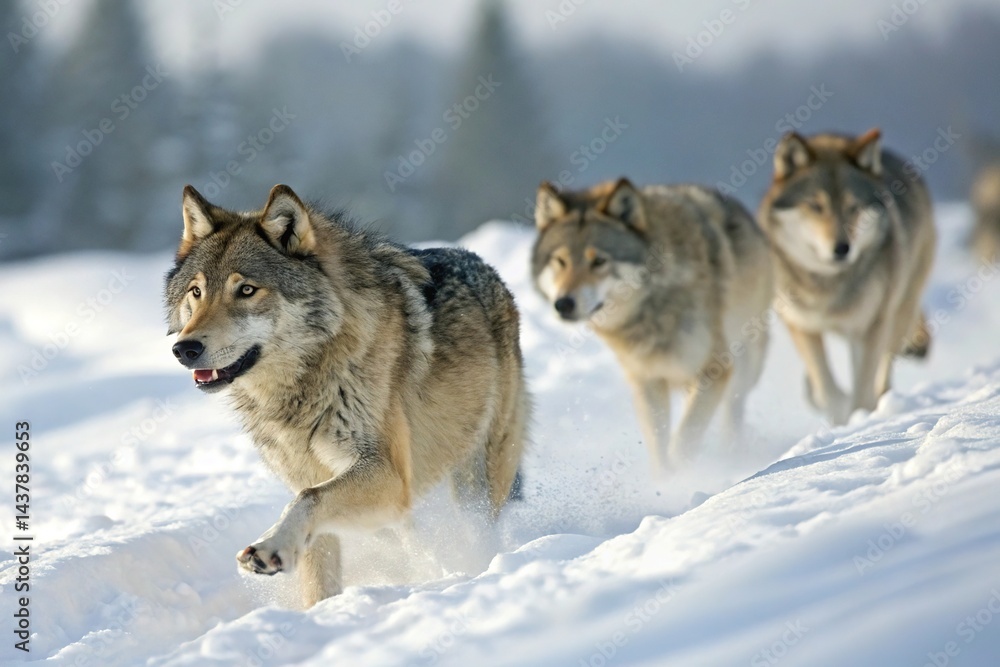 Naklejka premium Wolves Running Through Snow in Winter Forest