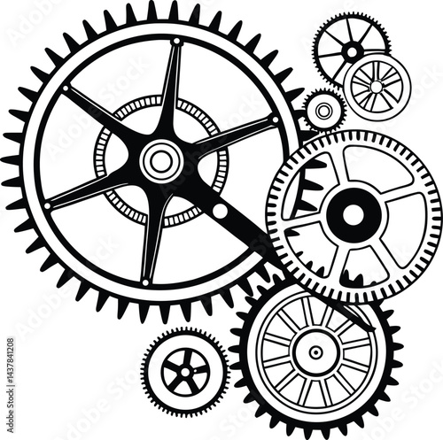 Black and White Interlocking Gear System Illustration