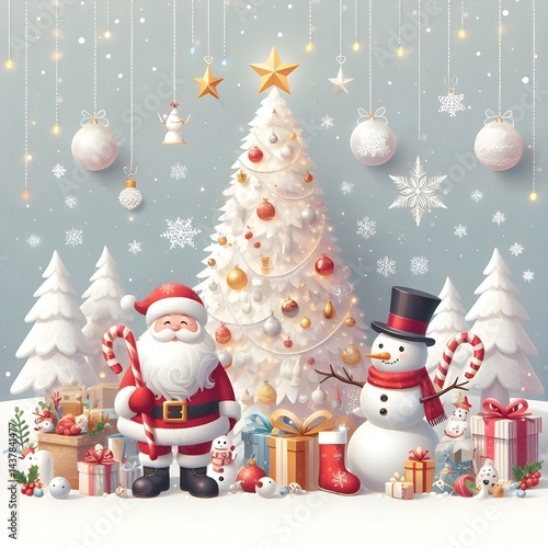 Christmas white tree with decorations, Merry Santa, Snowman and gift. Banner for the concepts of winter holiday celebrations, greetings. Vector illustration