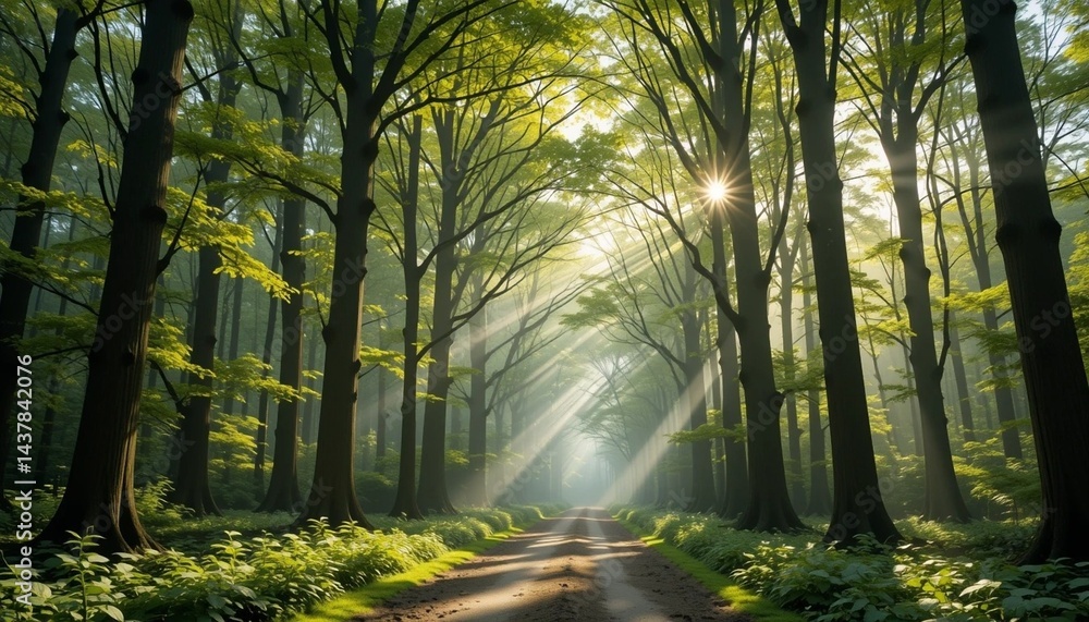 Fototapeta premium Sunlight Filtering Through Green Forest Trees on a Peaceful Path – 8k Nature Background.