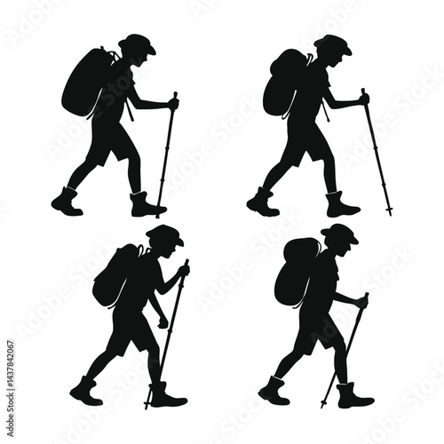 Four Silhouettes of Hikers with Backpacks and Trekking Poles