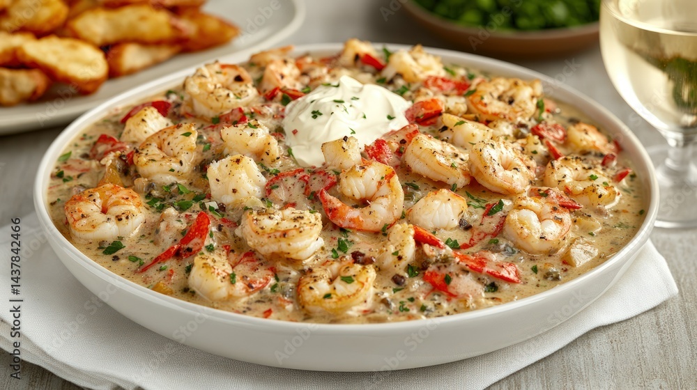 Shrimp scampi in a bowl with red peppers mushrooms and cream garnished with parsley Shrimp scampi in a bowl with red peppers mushrooms and cream garnished with parsley