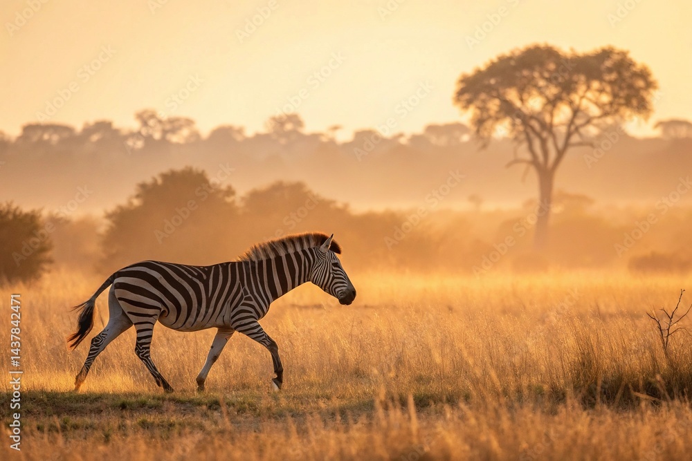 Naklejka premium Zebra Walking Through African Savannah at Golden Sunrise