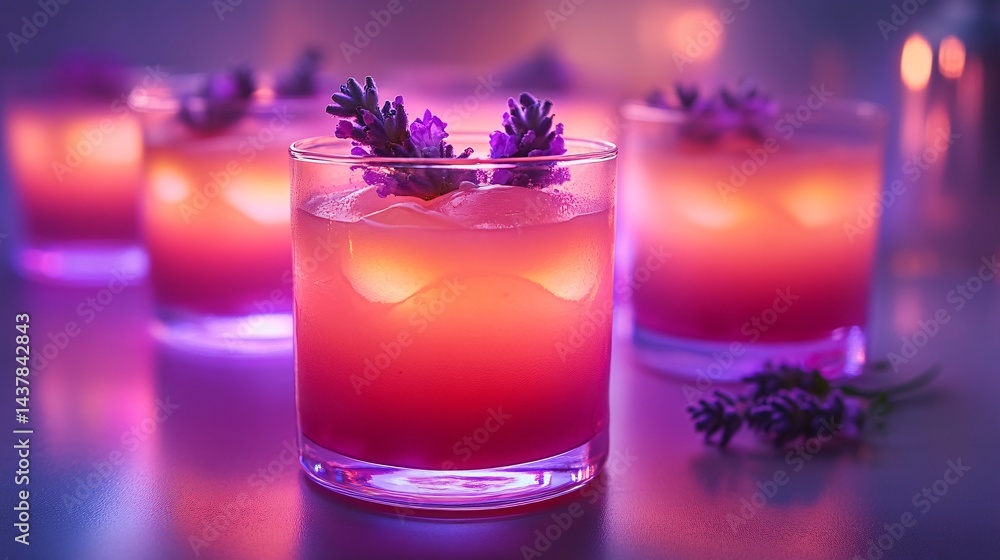 Pink and lavender panna cotta glasses glowing softly Pink and lavender panna cotta glasses glowing softly
