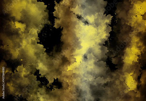 Wispy clouds in sunlight by darker clouds at sunset in springtime. Colorful Yellow smoke Isolated black background. Fog texture.