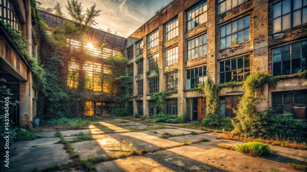 Fototapeta premium Sunlit Ruins An Overgrown Industrial Courtyard Basking in Golden Hour Light