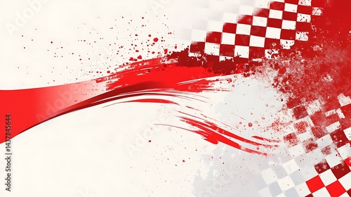 Red wave, checkered flag design with paint splatter on white backdrop