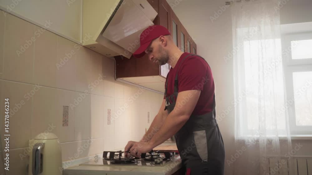 Skilled technician installing gas stove, ensuring safety and functionality in residential kitchen, showcasing expertise in home appliance installation Skilled technician installing gas stove, ensuring safety and functionality in residential kitchen, showcasing expertise in home appliance installation