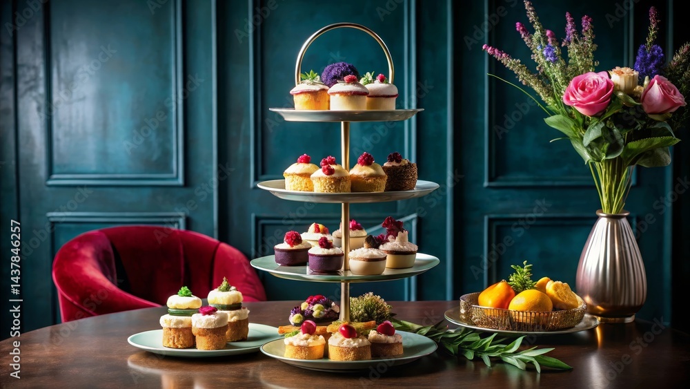 Fototapeta premium Elegant three-tiered dessert stand with an assortment of miniature cakes and pastries, displayed on a dark wood table beside a velvet chair and a vase of flowers