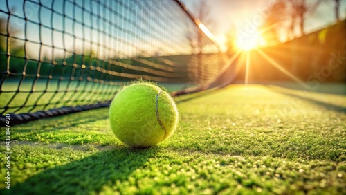 Golden Hour Tennis A single tennis ball rests on a vibrant green court, bathed in the warm glow of the setting sun, with the net stretching towards the horizon.