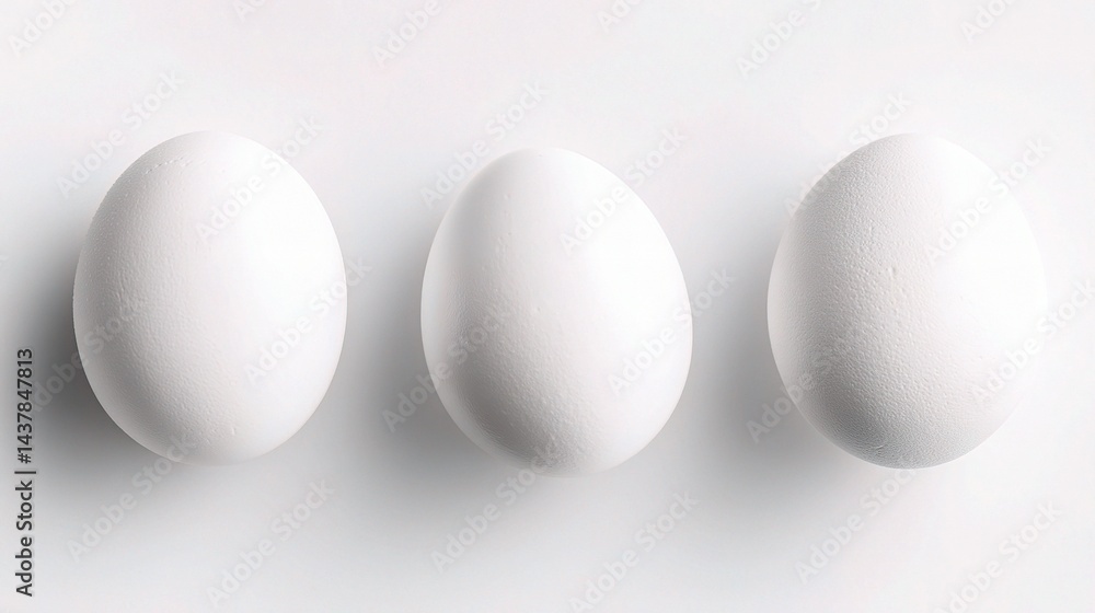 Three Clean White Chicken Eggs Laying Flat on Minimal Background Three Clean White Chicken Eggs Laying Flat on Minimal Background