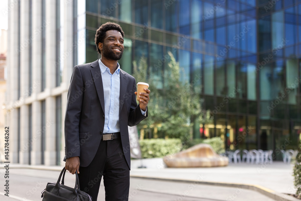 Young successful businessman walking outside office building with cup of hot drink in hand and business bag suitcase. Man in business suit smiling happily.