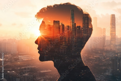 A double exposure image of a man's silhouette superimposed with a cityscape at sunset, symbolizing urban life and ambition.