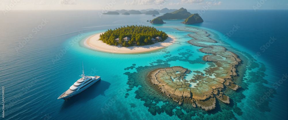 Fototapeta premium Stunning aerial view of a tropical island with a yacht in crystal clear waters