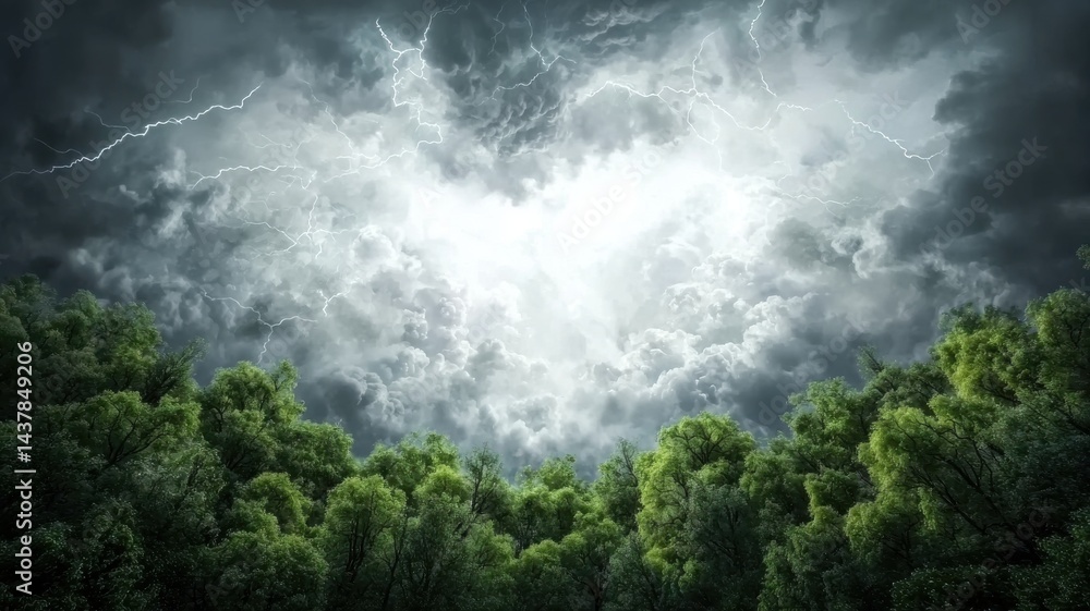 Fototapeta premium Dramatic Lightning Storm Over Forest Canopy lightning storm forest trees canopy nature weather dark