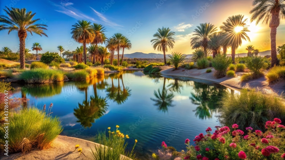 Serene Oasis Palm Trees Reflecting in a Calm Pond at Sunset, Illuminated by Golden Sunlight, Lush Greenery, Tranquil Water, Peaceful Landscape