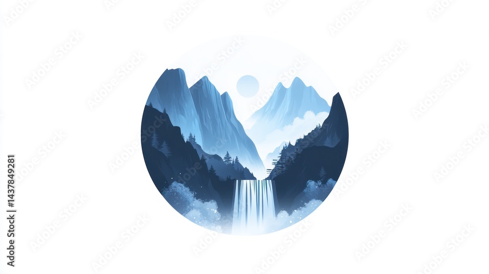 Obraz premium Serene mountain waterfall, misty valley, circle art, nature background, website banner