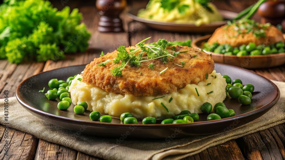 A Delicious Breaded Cutlet Served on a Bed of Creamy Mashed Potatoes and Surrounded by Fresh Green Peas, a Hearty and Satisfying Meal A Delicious Breaded Cutlet Served on a Bed of Creamy Mashed Potatoes and Surrounded by Fresh Green Peas, a Hearty and Satisfying Meal