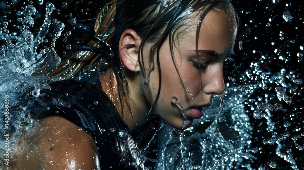 Fototapeta premium Woman standing below a dark showerhead with water cascading over her in a relaxing atmosphere