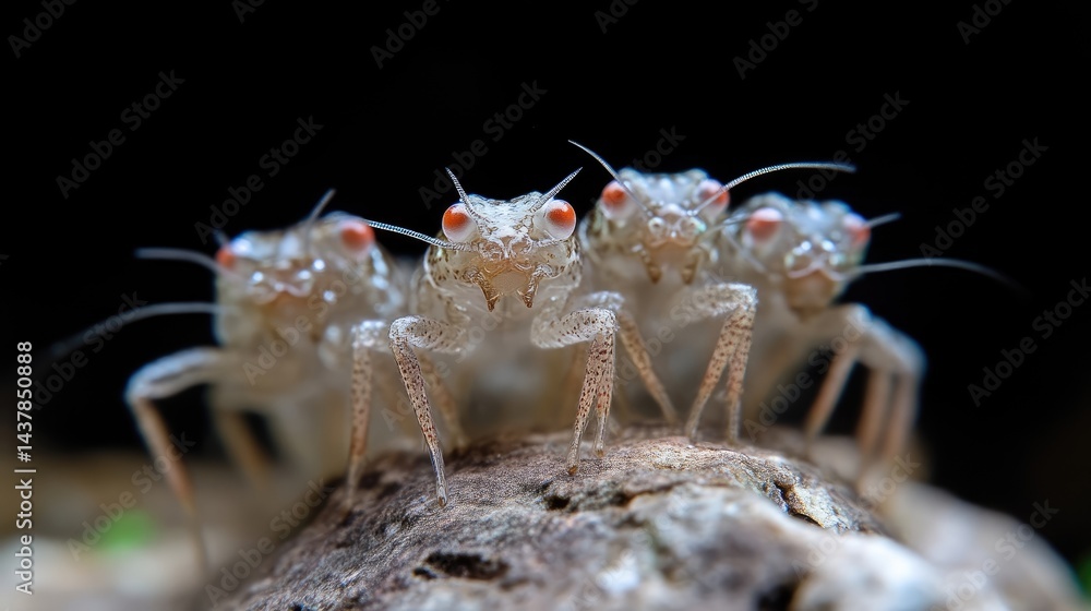 Naklejka premium Three tiny, translucent insects on a log. Close-up view reveals intricate detail of their delicate bodies, legs, and prominent red eyes