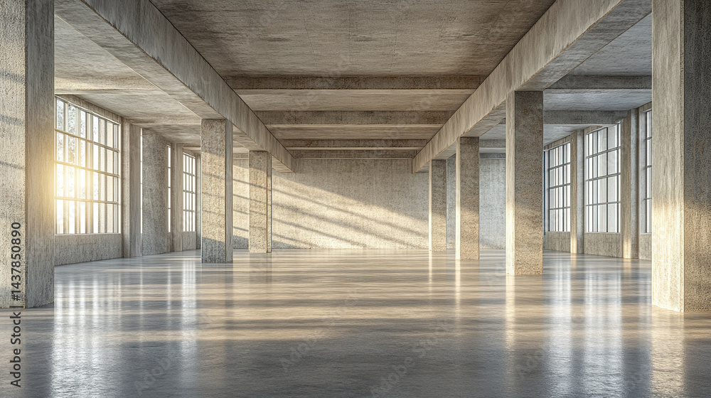 spacious, empty concrete office interior with large windows and natural light streaming spacious, empty concrete office interior with large windows and natural light streaming
