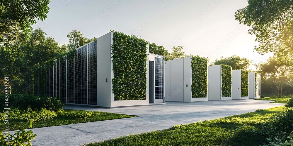 Fototapeta premium A modern, sleek data center with white buildings and vibrant green walls is nestled in the heart of a lush meadow, offering a striking contrast between technology and nature.