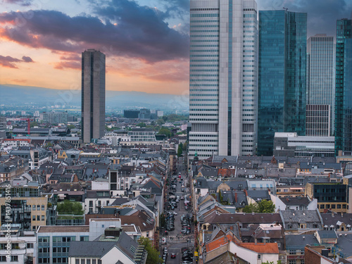 Obraz na płótnie Aerial view of Frankfurt, Germany, featuring modern skyscrapers like the Deutsche Bank Twin Towers and traditional rooftops under a vibrant sunset sky. w salonie