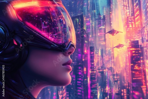 A futuristic woman in a helmet gazes at a vibrant neon cityscape with flying vehicles.