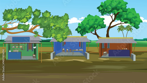 Rural Village Market Stalls Vector Illustration, Cartoon Outdoor Shop Scene, Countryside Marketplace Background for Animation, Traditional Street Vendor Stalls, Flat Design Landscape

