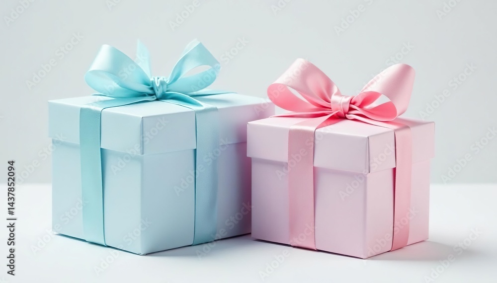 Fototapeta premium Subtle pastel gift boxes, light blue and pink, white background, background, pink