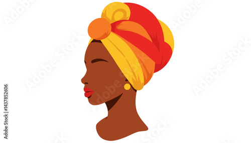 Stylish woman with headwrap showcasing beauty against white background  