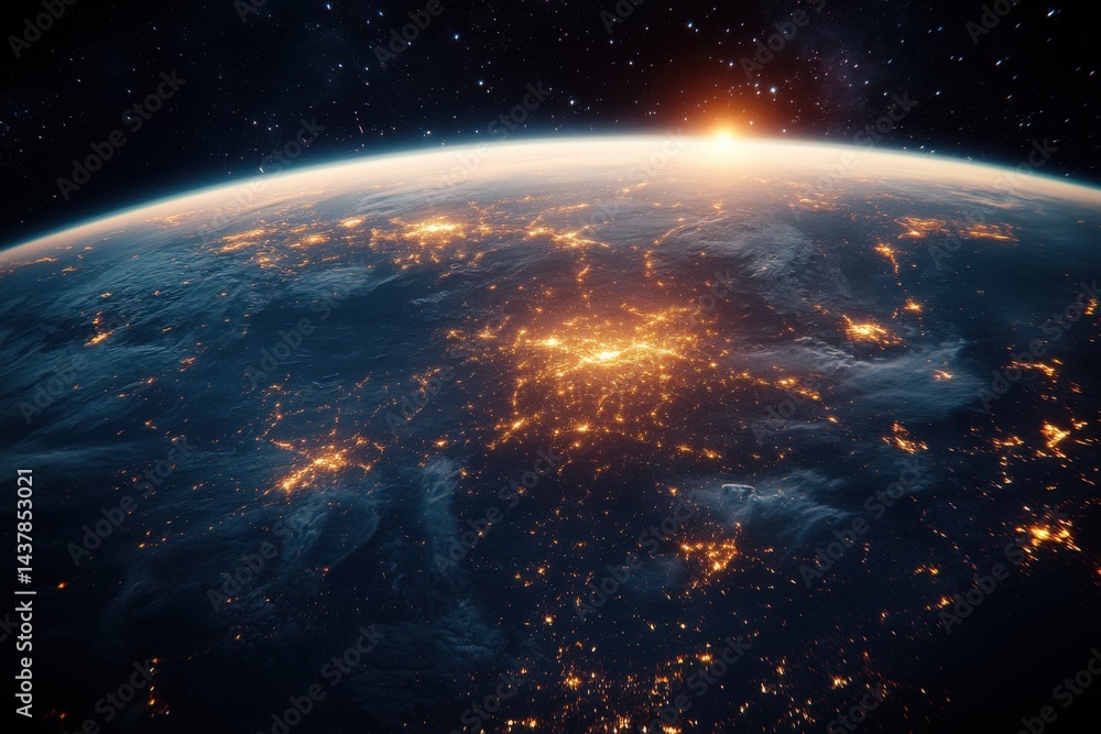 Fototapeta premium Planet Earth from space with illuminated city lights and glowing sunrise over the horizon