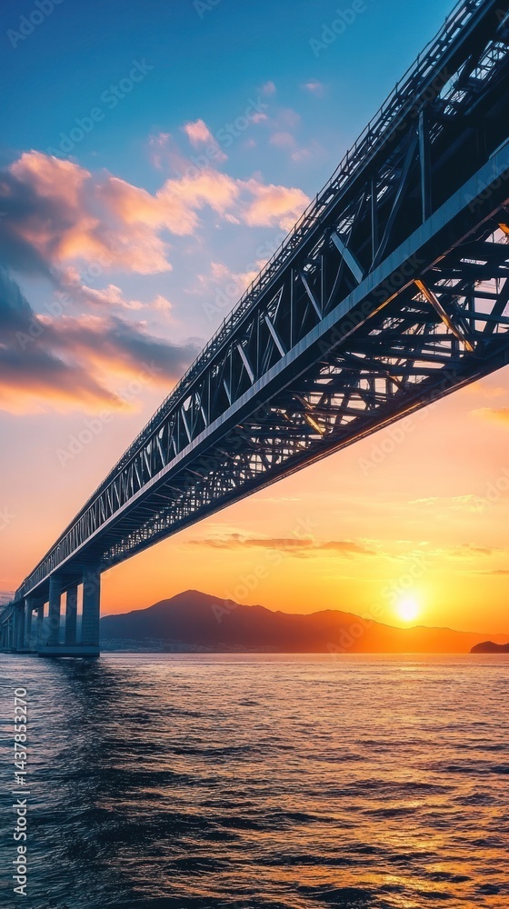 Naklejka premium Steel arch bridge spanning serene water at sunset.