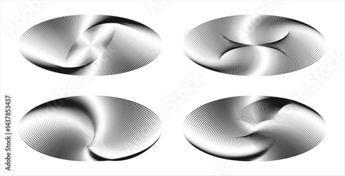 Dynamic abstract twisted elliptical halftone swirls forms in black and white vector art illustration.