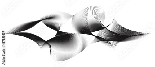A graphical representation of the rhythm grams geometrical shapes, abstract black and white twisted waveform vector art.