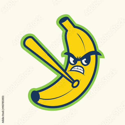 Angry Banana with Baseball Bat Cartoon Illustration