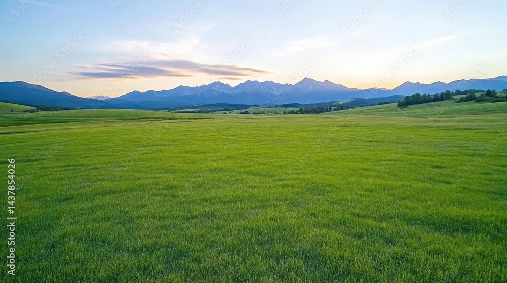 Fototapeta premium Vast Green Meadow Distant Mountains Scenic Landscape High-Resolution Wide Angle Shot Lush Grass Serenity at Sunset Peaceful Ranchland Calm Serene Tones Ideal for Travel Brochures