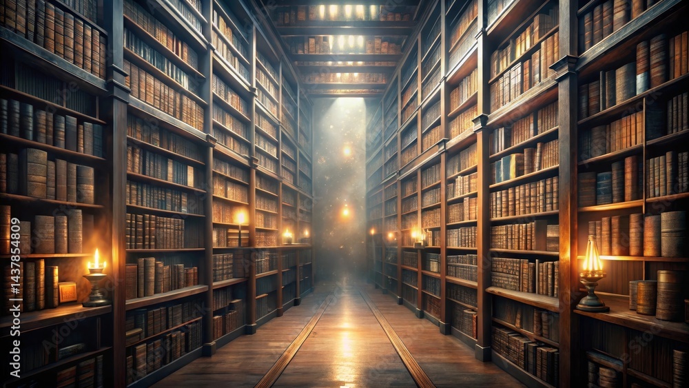 A Serene, Candlelit Hallway in an Antique Library Filled with Volumes of Ancient Books, Illuminated by a Soft, Mystical Glow A Serene, Candlelit Hallway in an Antique Library Filled with Volumes of Ancient Books, Illuminated by a Soft, Mystical Glow