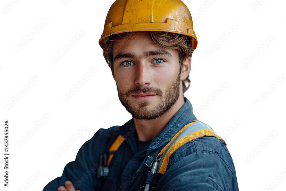 A construction worker with a yellow hard hat, blue eyes, and navy uniform smiles confidently, isolated on a transparent background A construction worker with a yellow hard hat, blue eyes, and navy uniform smiles confidently, isolated on a transparent background