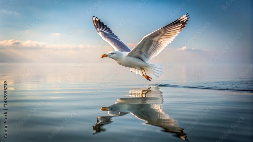 Obraz premium A graceful seabird in flight, its wings outstretched, dips towards the tranquil water's surface, creating a mesmerizing reflection of its ethereal beauty.