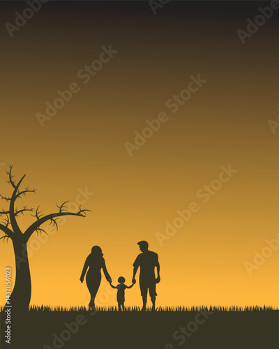 Family silhouette, father, mother, and son in sunset, Father's Day concept, vector illustration design background