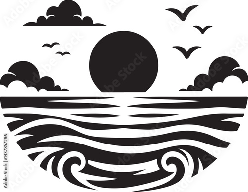 Sunny Ocean View Silhouette Vector Illustration