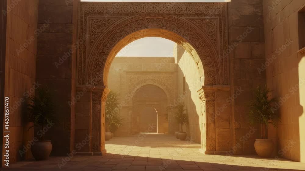 Moroccan riad courtyard with ornate archway and golden light. Traditional Arabic architecture in Marrakech. Exotic travel destination for cultural tourism. Moroccan riad courtyard with ornate archway and golden light. Traditional Arabic architecture in Marrakech. Exotic travel destination for cultural tourism.