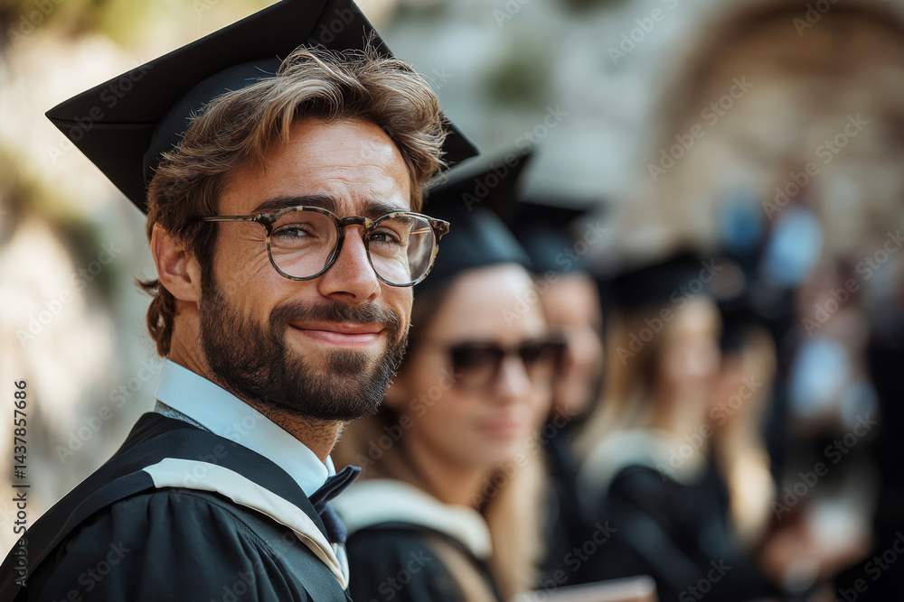 A young graduate during a ceremony, dressed in academic regalia.